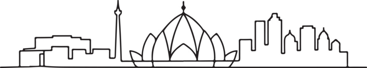 Continuous line illustration of the Delhi skyline with Lotus Temple in a minimal elegant outline drawing