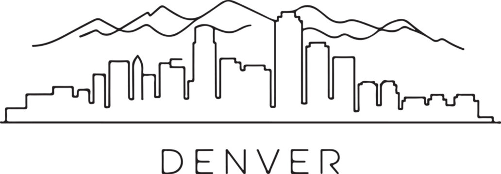 Continuous Line Art of Denver Skyline with Rocky Mountains Backdrop, Minimal Outline Landscape Illustration for AI Design