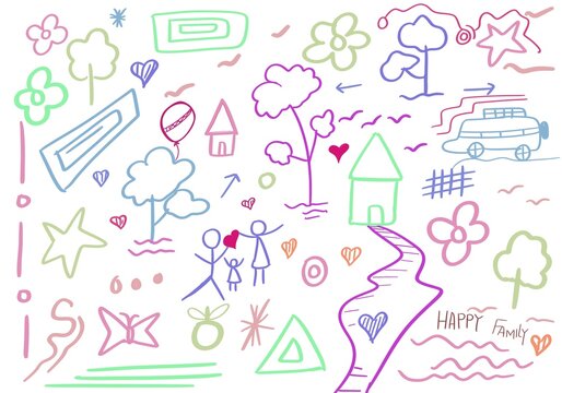 Colorful doodle illustration featuring family, house, trees, flowers, hearts, car, balloons and playful hand-drawn elements. Cute childlike background perfect for kids, creative design.