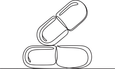Continuous line art illustration of a pill and capsule in a clean minimal medical style