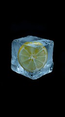 Lemon slice in ice cubes and drops of water, black background