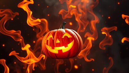 A whimsical jack-o'-lantern floats amidst swirling, dancing flames,  graphic,  illustration