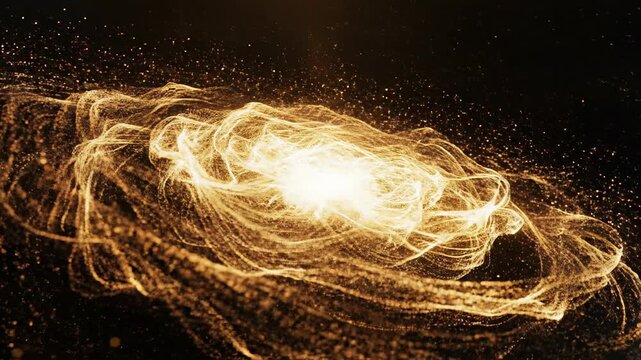 Cinematic wide shot of millions of small glowing ethereal particles swarming and aggregating in a synchronized flowing motion against a deep dark background cosmos, universe, spiritual