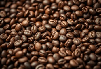Fototapeta premium Close-up of aromatic roasted coffee beans, rich brown hues, fresh from the roaster, gourmet, brown