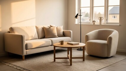 Fototapeta premium Cozy Living Room Interior with Natural Light and Minimalist Furniture.