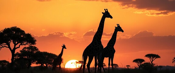 Silhouetted giraffe family and acacia trees at sunset in the Masai Mara, Kenya,   wild,  Africa