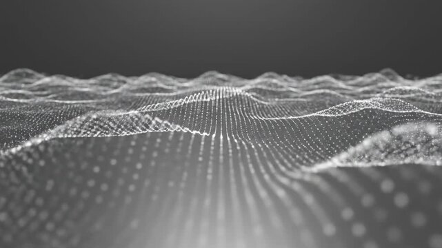 Clean minimalist abstract background visualization of white quantum particles oscillating rhythmically across a smooth gray digital field tech, conceptual, future