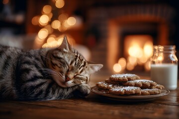 Adorable sleeping tabby kitten resting beside a plate of Christmas gingerbread cookies and a glass of milk on a rustic table, illuminated by warm festive bokeh lights and a cozy fireplace glow.