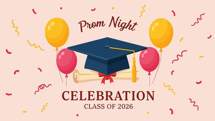 A festive banner for the 2026 graduation event, featuring a mortarboard cap, diploma, and celebratory balloons