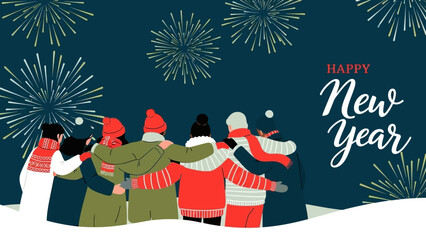 Illustration of a diverse group of friends hugging and watching a fireworks display for a Happy New Year 2026 celebration
