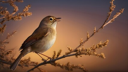 Bird nightingale sitting on a tree branch in the forest showing natural behavior, detailed feathers, calm forest environment and serene outdoor lighting conditions