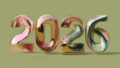 Metallic, highly reflective numerals denoting the year two thousand twenty six stand against a muted background