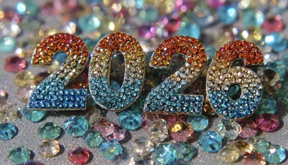 Sparkling numeric display of the year two thousand twenty is adorned with colorful rhinestones