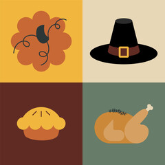 Thanksgiving icon set. Pumpkin, pilgrim hat, pie and turkey. Vector illustration, flat design