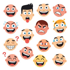Funny cartoon comic faces vector illustration in a flat 2D style showing various bold and exaggerated expressions isolated on a clean white background.
