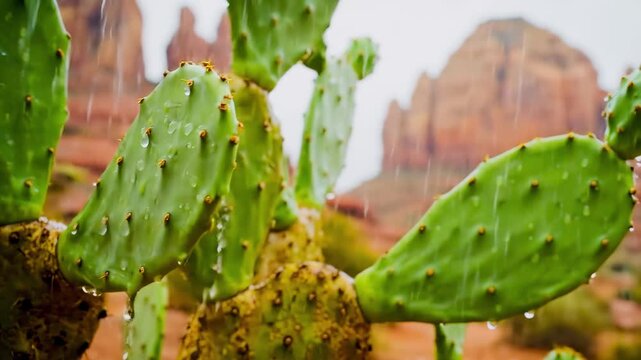 Close-up of green cactus pads with water droplets. Background features red rock formations under a cloudy sky. Natural desert landscape.