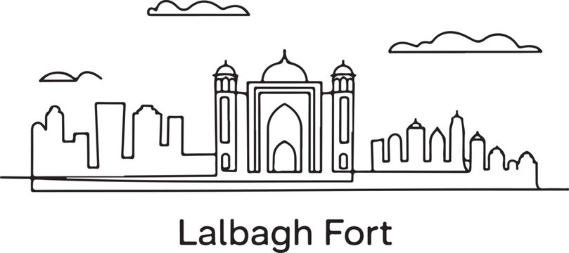 Continuous Line Art of Dhaka Skyline with Lalbagh Fort Minimal Outline Illustration