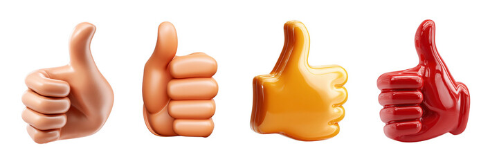Set of 3D glossy thumbs up icons isolated on transparent background png
