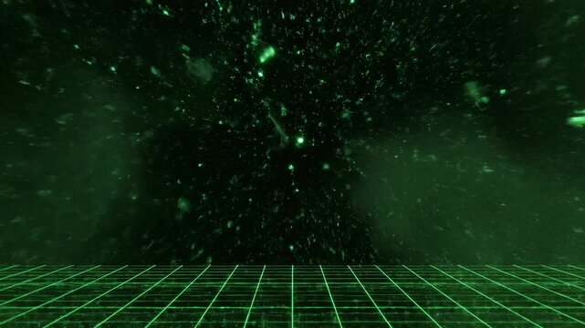 Complex illuminated green wireframe structure collapsing and dissolving into thin air as the underlying digital grid system vanishes completely structure, wireframe, connection