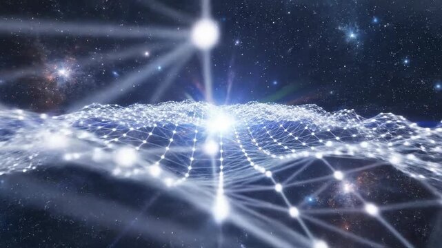 Complex hyper-dimensional geometric mesh structure vibrating and phasing in a fast, energetic spatial rhythm creating a futuristic tech background structure, high energy, texture