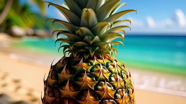 A captivating close-up of a pineapple on a sun-drenched beach, with gentle ocean waves and swaying palm trees in the background creating an idyllic tropical scene