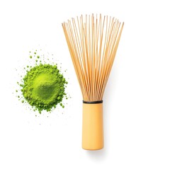 Matcha green tea powder with bamboo whisk chasen for japanese tea ceremony preparation isolated on white