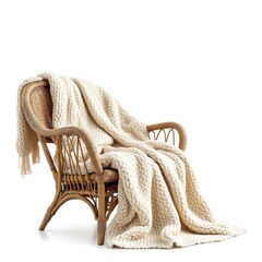 Cozy home decor wicker chair with cream knit blanket throw for living room and bedroom interior design