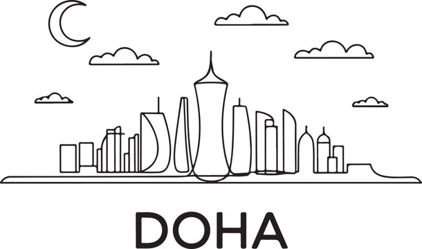 Continuous Line Art of Doha Skyline Featuring Crescent Tower Minimal Outline Illustration