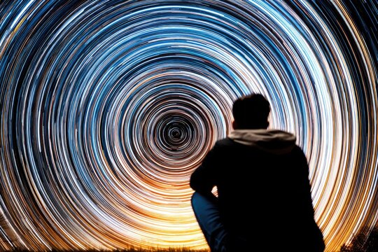 Person gazing at star trails in night sky with circular light swirls for astronomy background