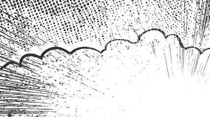 Black and white comic book explosion burst halftone dots and lines abstract background