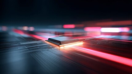 Innovation in Technology: An abstract visualization showcasing a central computer processor, highlighted by radiant red energy streams and neon light trails.