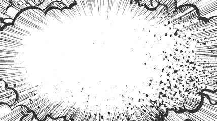 Black and white comic book explosion burst effect with scattered debris manga © appl