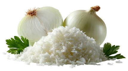 Fresh white onions, sliced, and parsley create a vibrant culinary composition, ideal for recipe inspiration or a healthy eating campaign, promoting fresh flavors isolated on transparent background