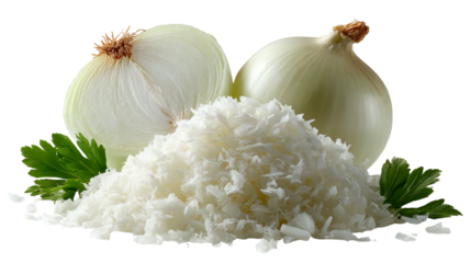 Fresh white onions, sliced, and parsley create a vibrant culinary composition, ideal for recipe inspiration or a healthy eating campaign, promoting fresh flavors isolated on transparent background