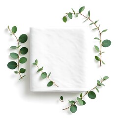 White fabric cloth mockup with eucalyptus leaves for product display and presentation scene 100 characters