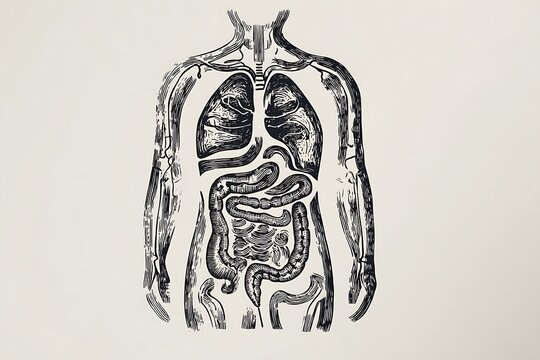 Anatomical Diagram of Human Body Featuring Organs and Digestive System Illustrated in Classic Black and White Style