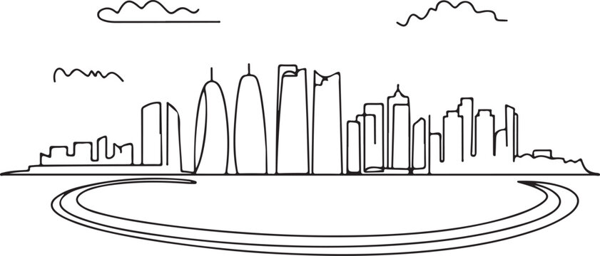 Continuous Line Art of Doha Skyline with Corniche Curve Minimal City Outline Illustration