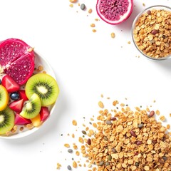 Healthy breakfast cereal granola with fresh fruit dragon fruit kiwi strawberry and blueberry bowl flat lay