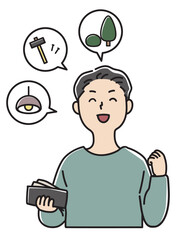 頭金なしで家を建て浮いたお金で設備の計画を立てる男性のバストアップ_カラー