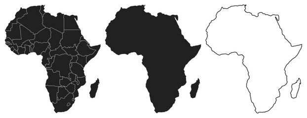 Maps of Africa - Afrique - Afrika. Outline, line, black, silhouette, Vector