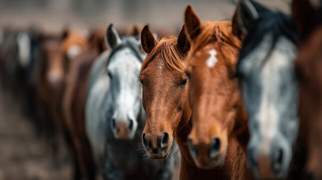 Powerful, shallow depth-of-field close-up of a line of majestic wild horses with varying coats, featuring a focused chestnut horse prominently in the center, conveying freedom and strength in nature