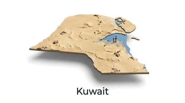 3D illustration of Kuwait map with beige terrain and blue water on a white background with shadow.