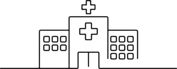 Continuous line art illustration of a hospital building with a cross symbol in a clean minimal medical style