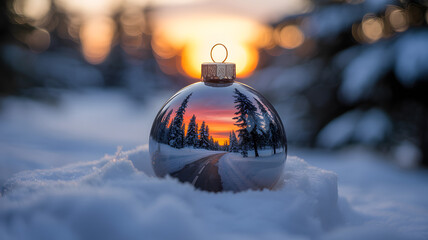 Christmas ornament in snowy landscape reflecting winter sunset scenery