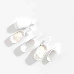 White scoops with powder flat lay kitchenware measuring tools baking ingredients cooking utensils minimalist