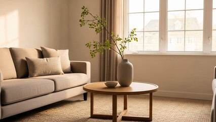 Fototapeta premium Elegant Living Room Interior with Natural Light and Neutral Tones.