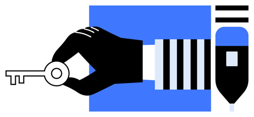 Black hand holding a key near a pen against a blue background. Ideal for creativity, problem-solving, access, security, solutions, innovation, and education concepts. Modern simple flat metaphor