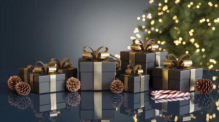 Elegant christmas gift boxes with golden ribbons and holiday decorations
