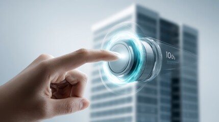 Smart Technology Interaction: A finger interacts with a futuristic digital interface, activating a building control system, showcasing innovation and connectivity.