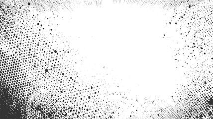 Black ink splatter and halftone dots abstract background with radial burst effect white